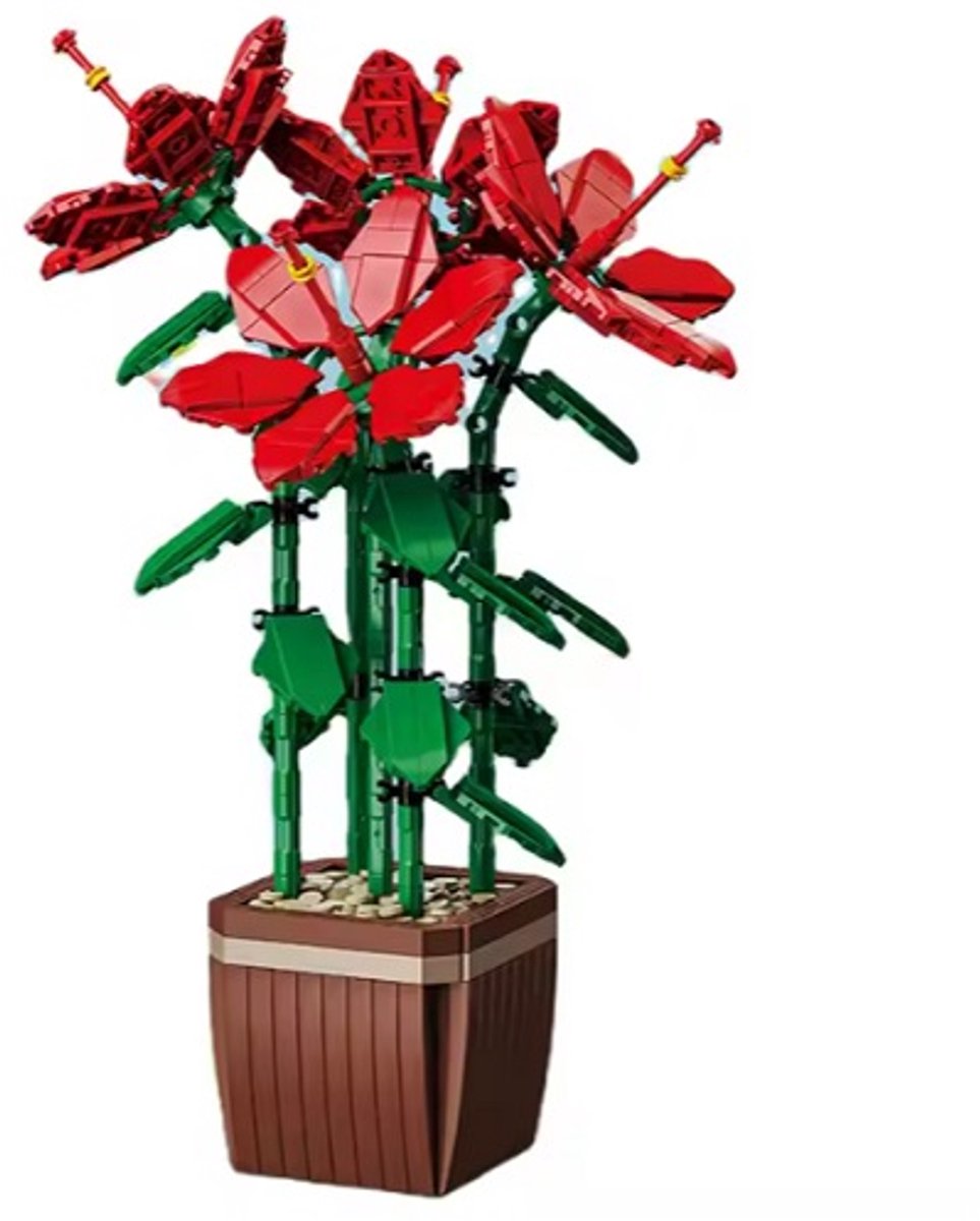 Bouwblokjes Rode Hibiscus in pot, ca. 876 blokjes van bricksNblocks®, compatible met andere bouwblokjes - kunstbloemen bouwpakket | bouwset bloemen bouquet | modelbouw voor kinderen & volwassenen | kunstbloemen decoratie woonkamer